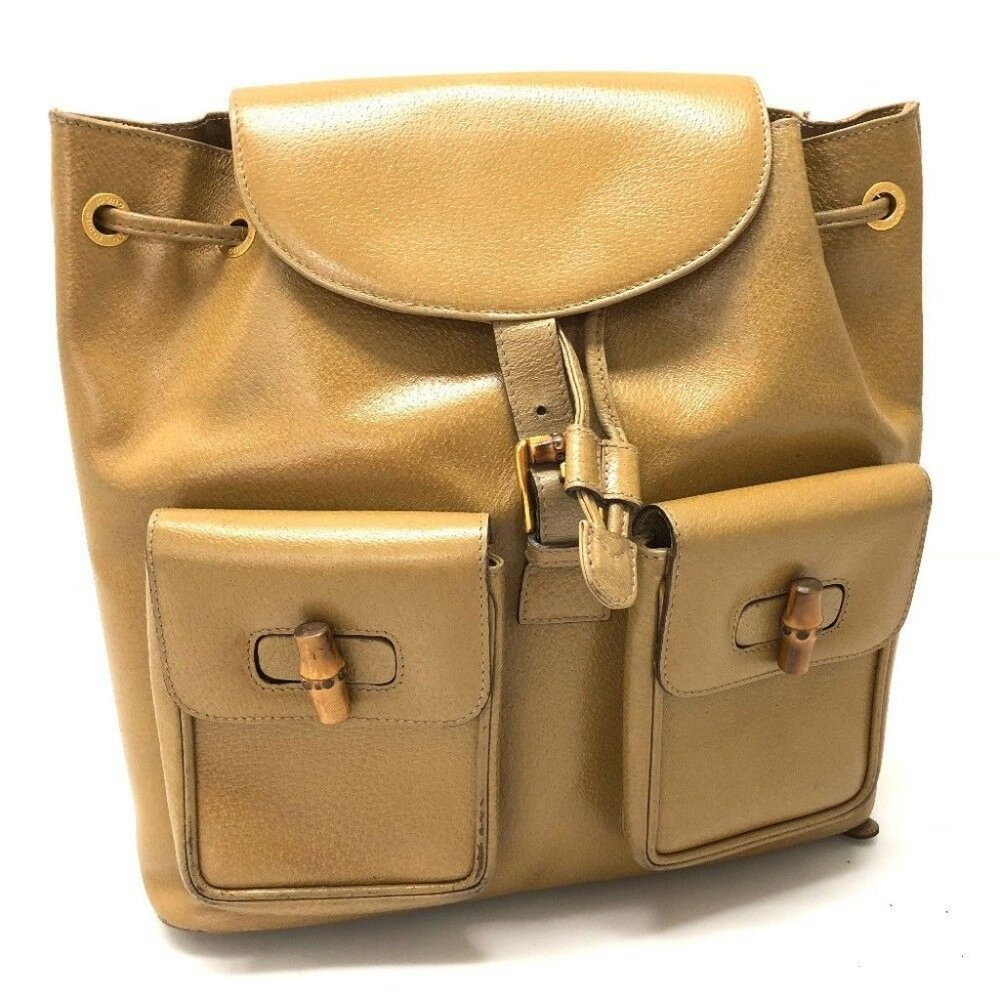 GUCCI Bamboo Leather Backpack Bag Beige